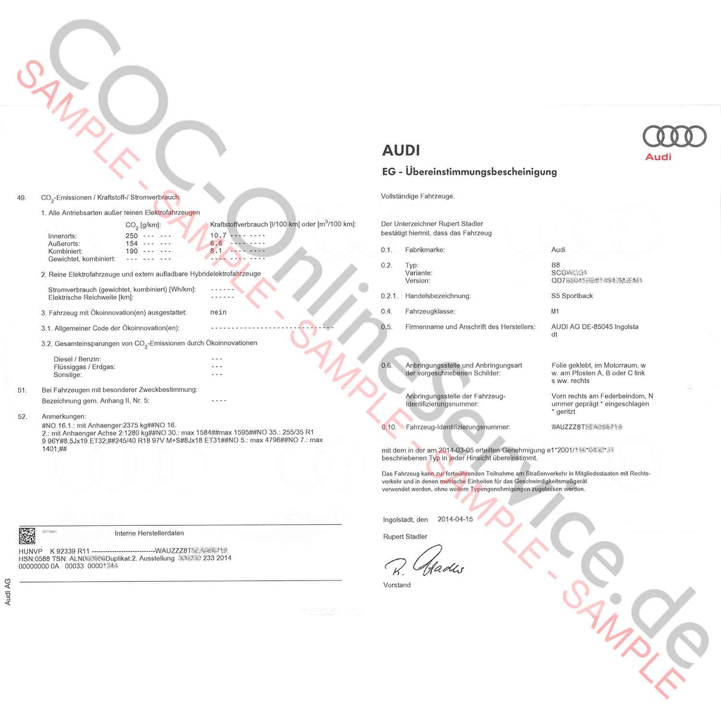 COC-dokument för Audi (Certificate of Conformity)