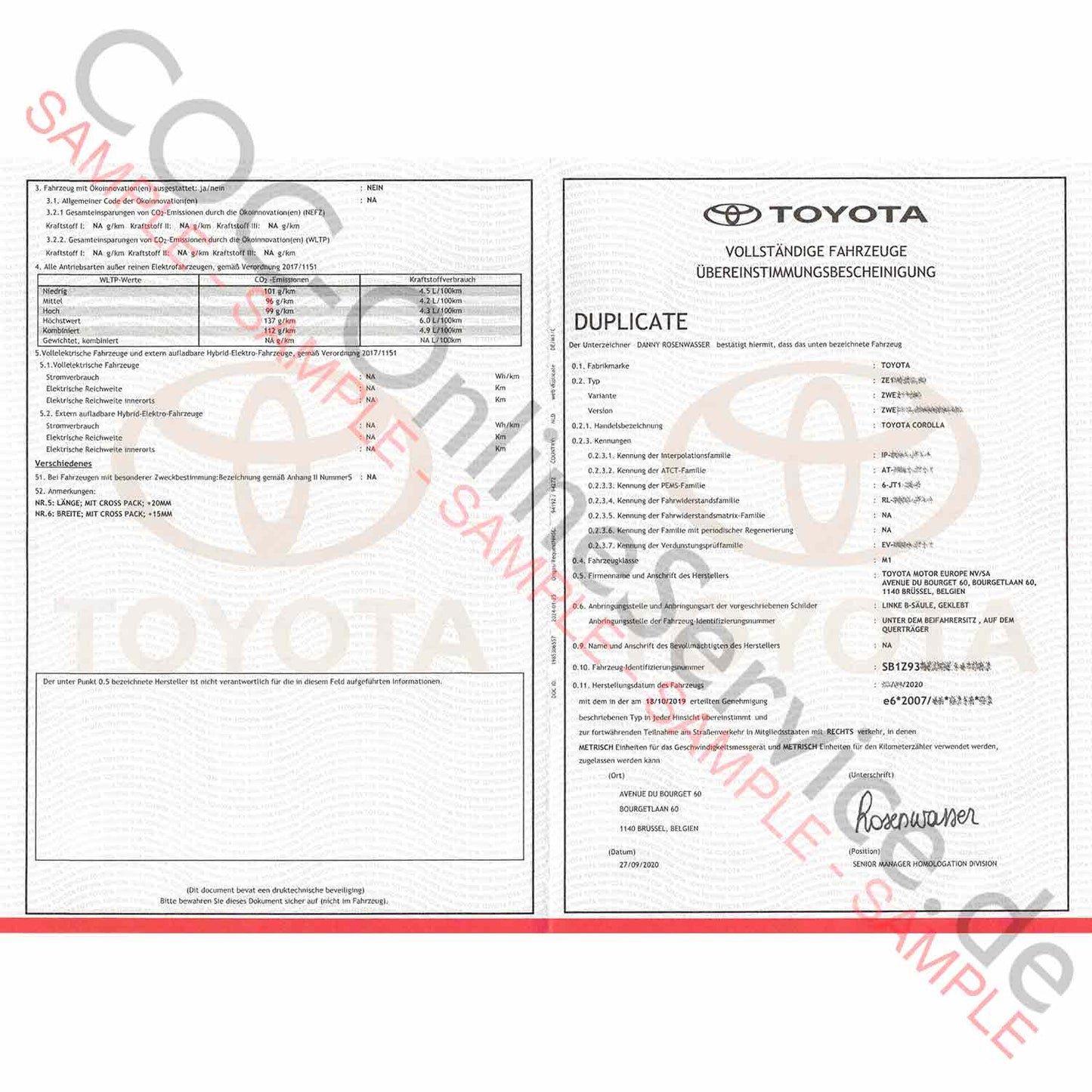 Documentos COC para Toyota (Certificado de conformidad)