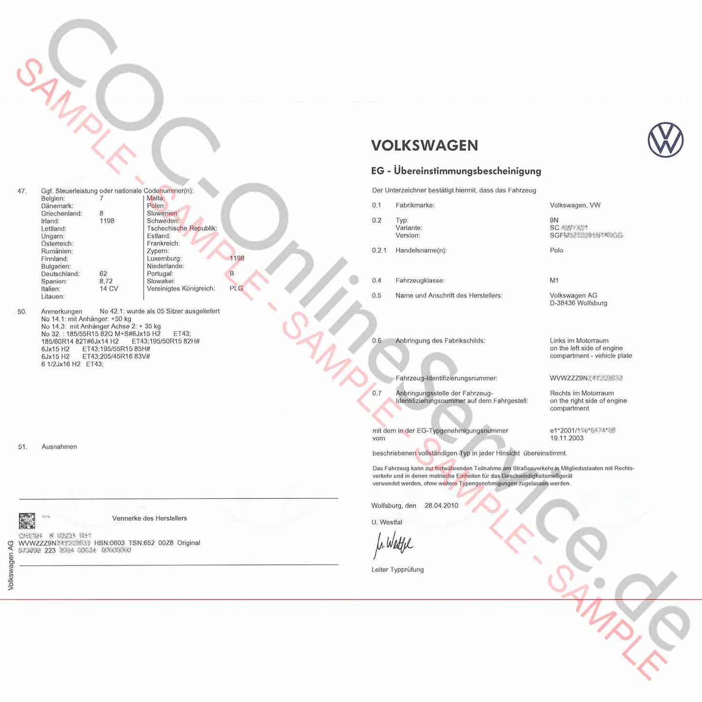 Document COC pour VW Volkswagen (Certificat de Conformité)